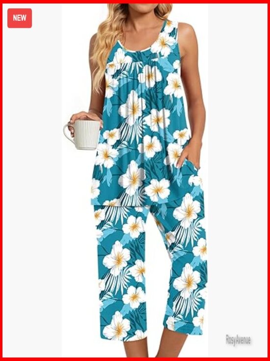 Other - Women's 2 Piece Pajama Set Sleeveless Top Capri Pants Lounge Sets with Pockets